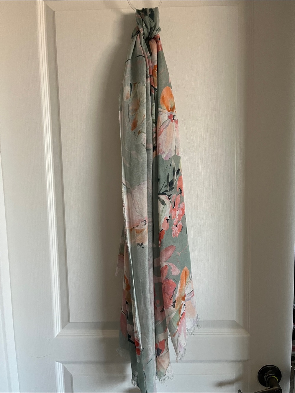 Floral Lightweight Wrap Scarf in Sage Green and Coral Accents